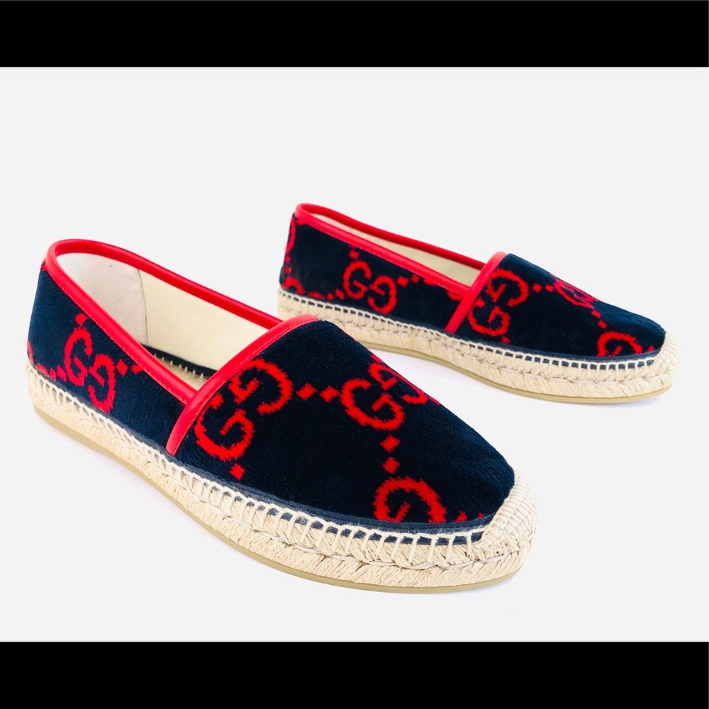 Designer Navy & Red Logo Espadrille Flats - Women's